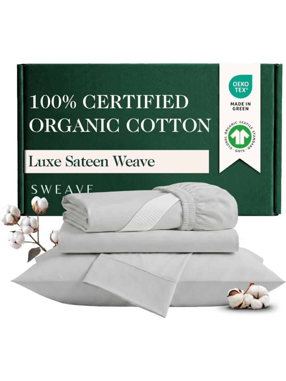 Organic Cotton Sateen Weave Queen Sheet Set - 4PCs, Light Grey, Eco-Friendly